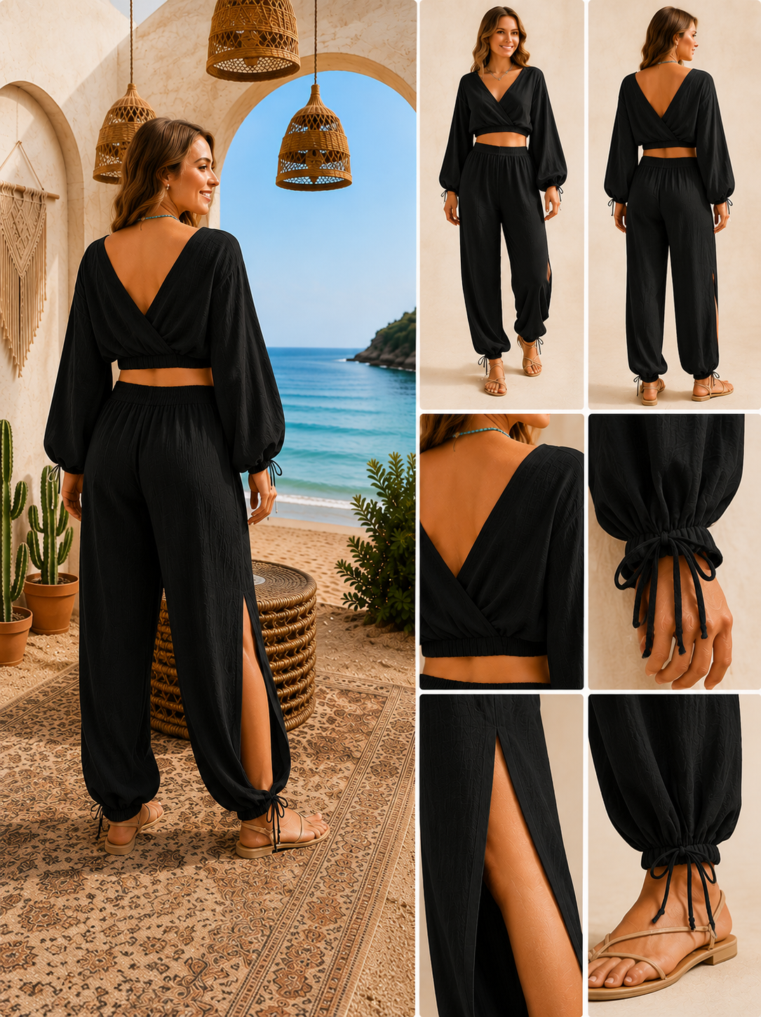 Women's 100% Linen Wrap Top & Side Slit Wide-Leg Pant Set–Black