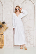 V-Neck Long Sleeve Maxi Dress in White (angle 2) - RC-101